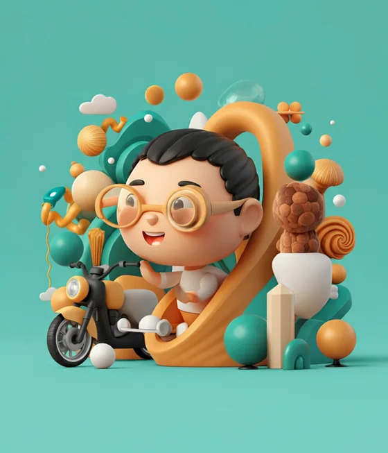 Мальчик на мотороллере среди объёмных фигур — баннер в 3D-стилистике