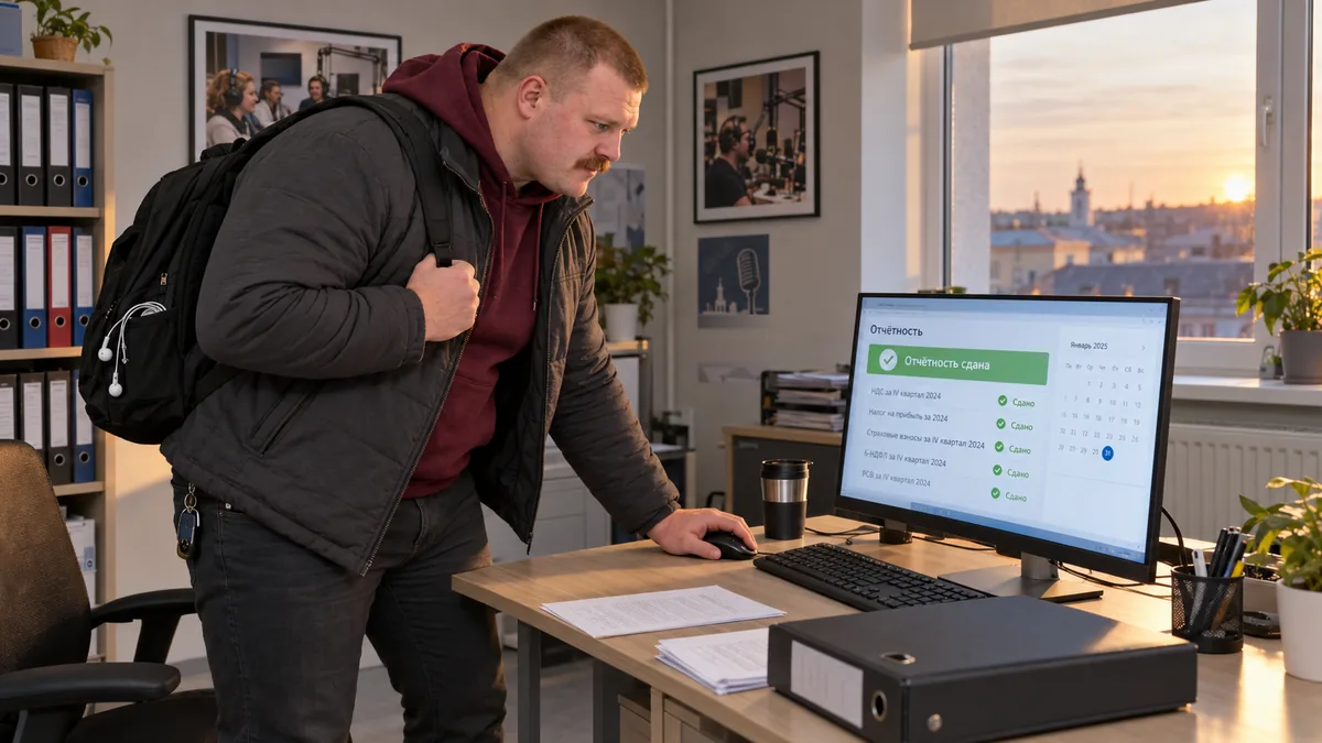 Бухгалтер в куртке перед уходом смотрит на монитор: отчётность сдана