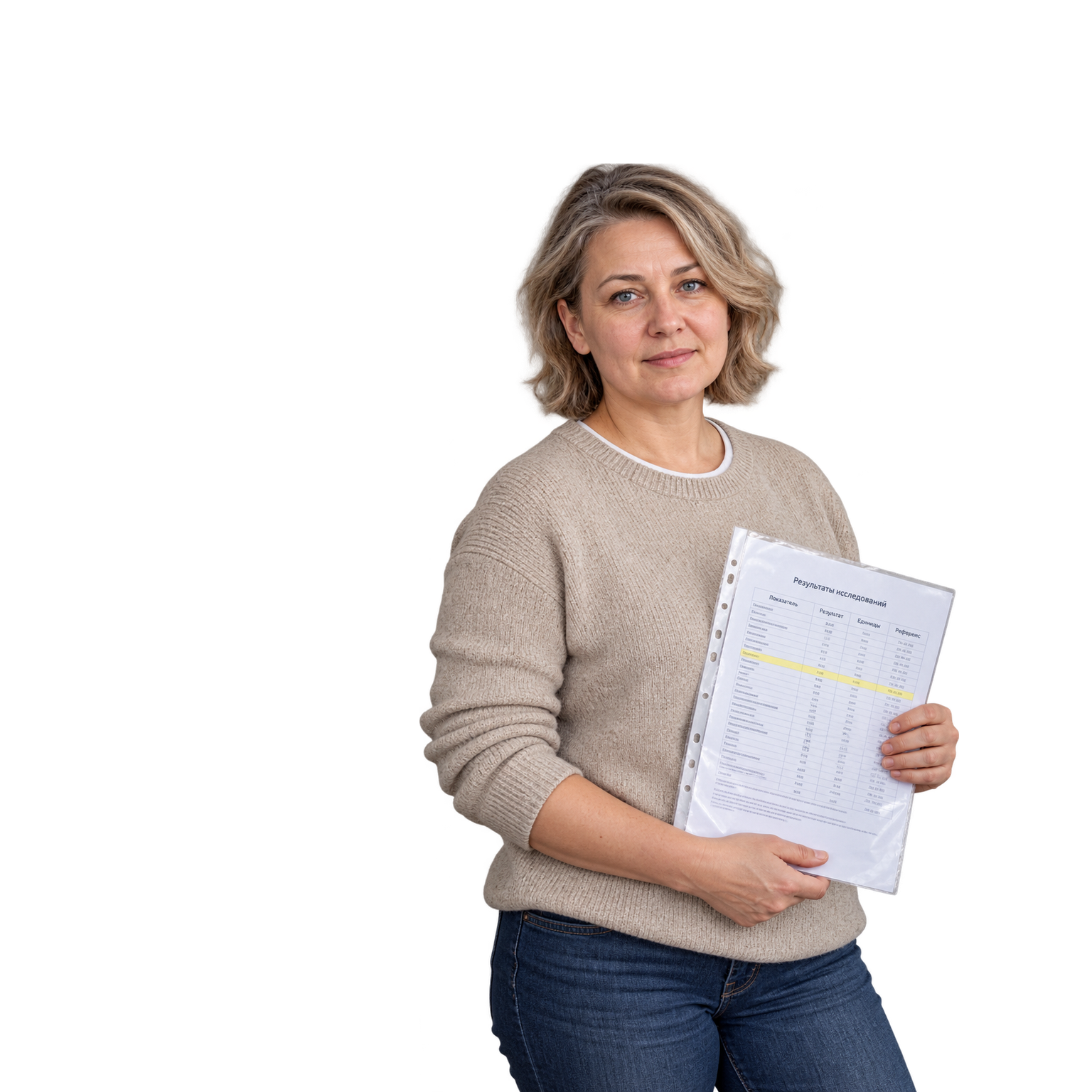Женщина держит прозрачную папку с распечатанными результатами анализов