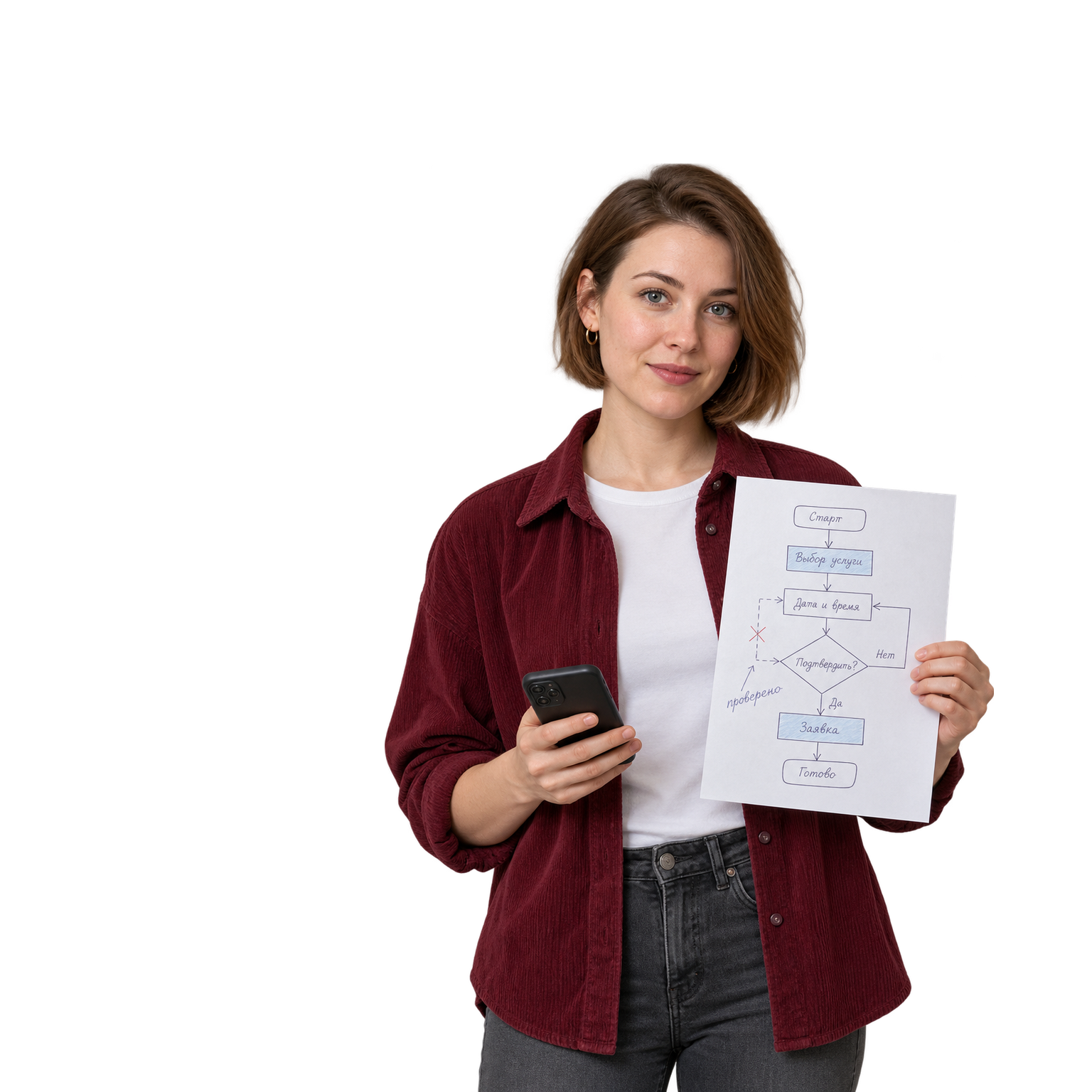 Разработчица чат-ботов держит лист со схемой бота, нарисованной от руки, и телефон